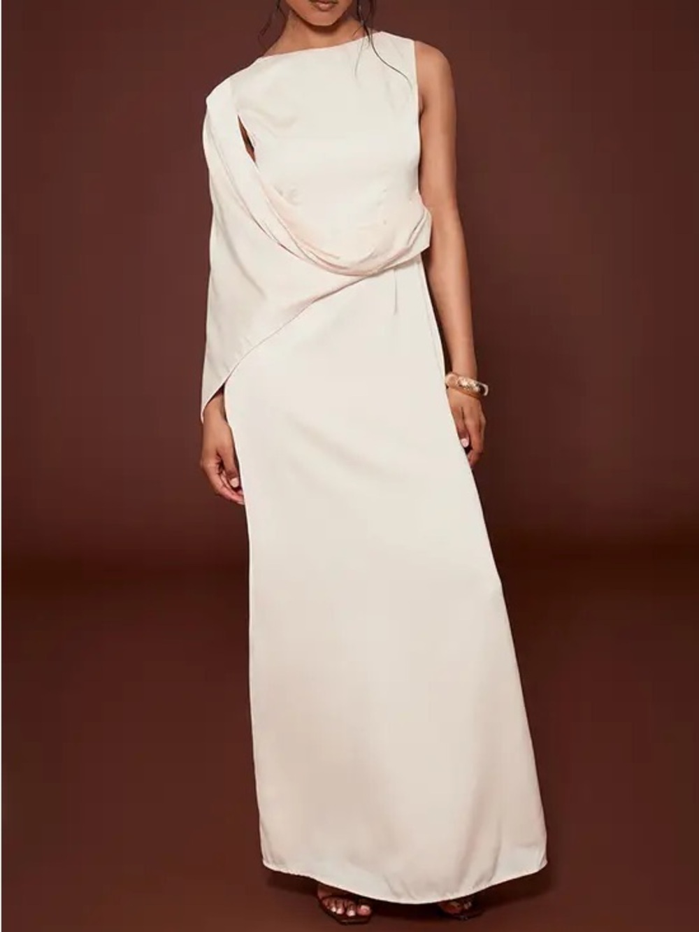 One-Sleeve Cream Satin Evening Gown